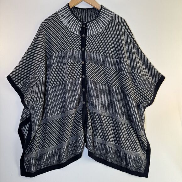 Unbranded Knit Button Down Sweater Cape Women One Size Blue Gray Striped Coastal - Picture 1 of 12